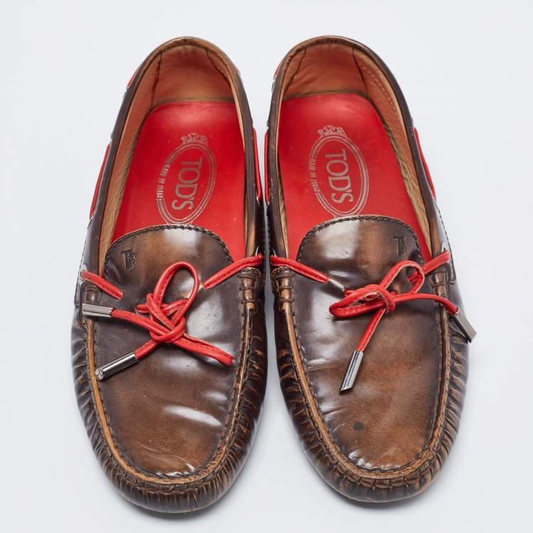 Pre Owned Tod's Brown Leather Bow Slip On Loafers Size 38