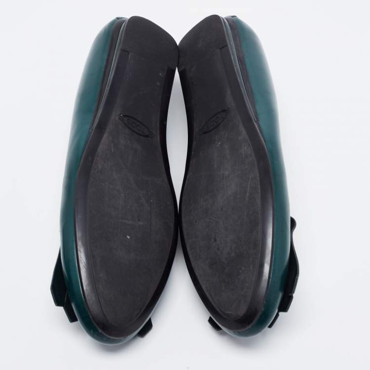 Pre Owned Tod's Dark Green Leather Fringe Ballet Flats Size 40.5