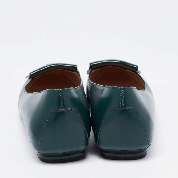 Pre Owned Tod's Dark Green Leather Fringe Ballet Flats Size 40.5
