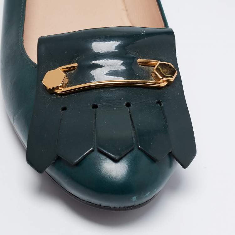 Pre Owned Tod's Dark Green Leather Fringe Ballet Flats Size 40.5