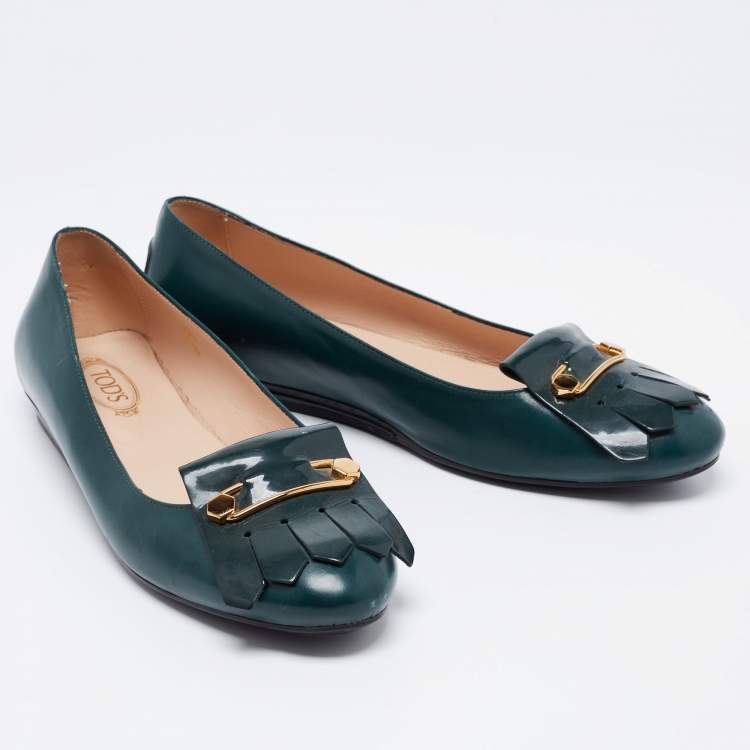 Pre Owned Tod's Dark Green Leather Fringe Ballet Flats Size 40.5