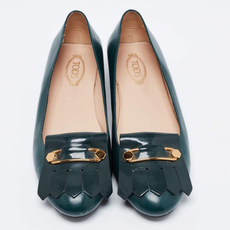 Pre Owned Tod's Dark Green Leather Fringe Ballet Flats Size 40.5