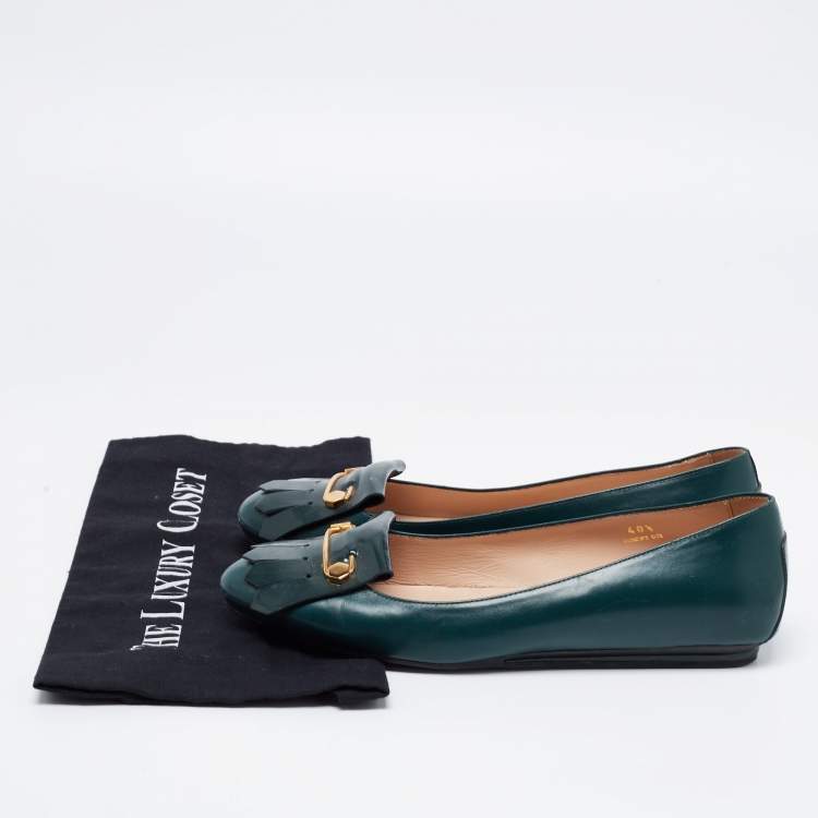 Pre Owned Tod's Dark Green Leather Fringe Ballet Flats Size 40.5