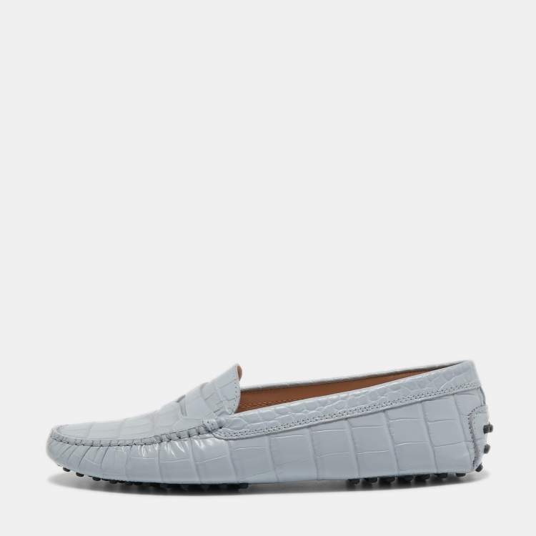 Pre Owned Tod's Light Blue Croc Embossed Leather Penny Loafers Size 40.5