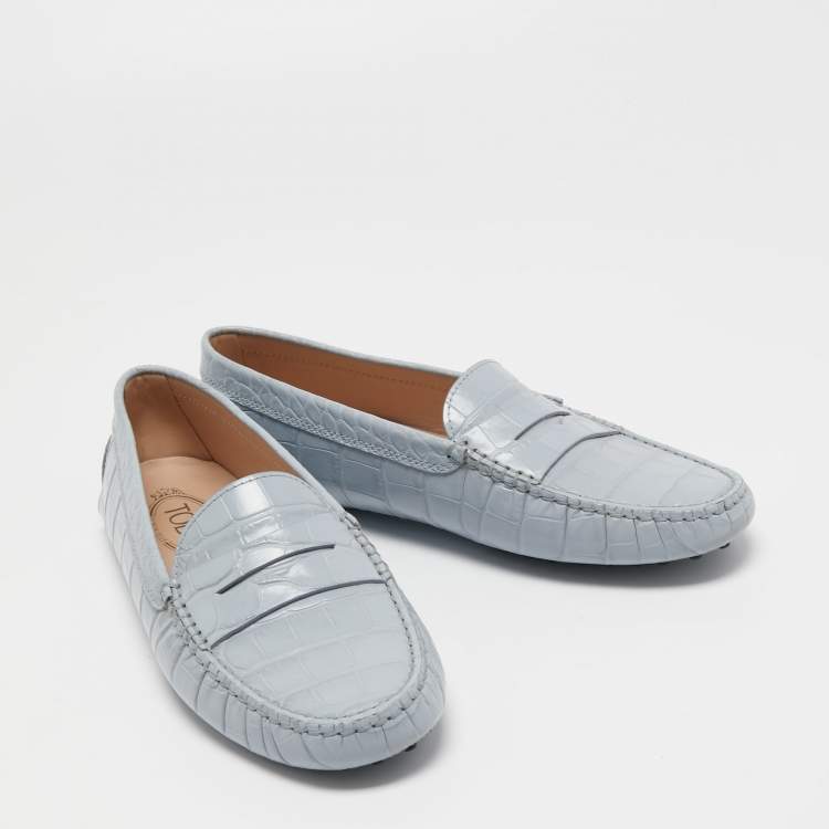Pre Owned Tod's Light Blue Croc Embossed Leather Penny Loafers Size 40.5