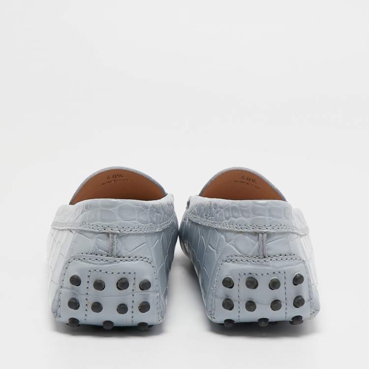 Pre Owned Tod's Light Blue Croc Embossed Leather Penny Loafers Size 40.5