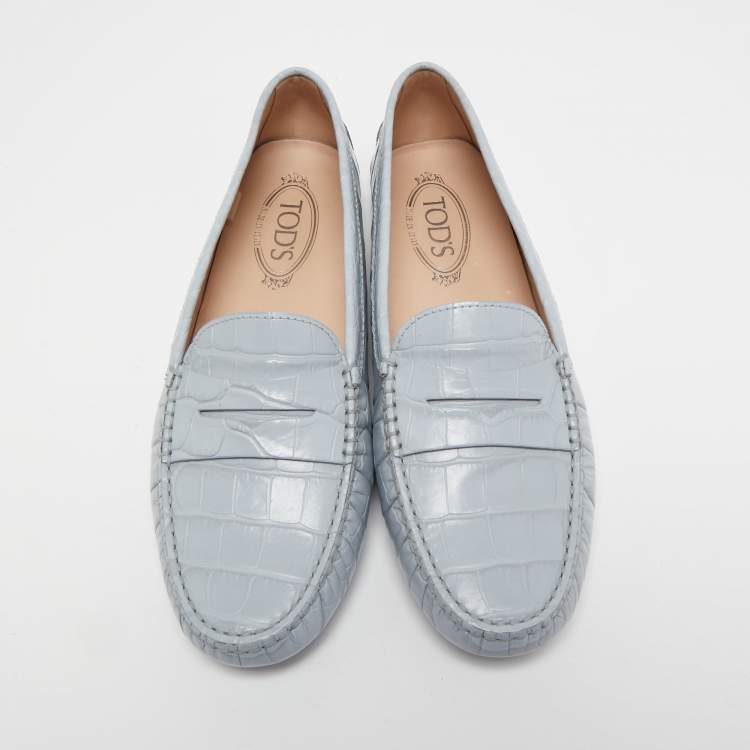 Pre Owned Tod's Light Blue Croc Embossed Leather Penny Loafers Size 40.5