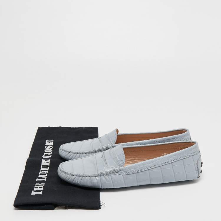 Pre Owned Tod's Light Blue Croc Embossed Leather Penny Loafers Size 40.5