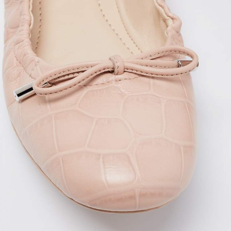 Pre Owned Tod's Pink Croc Embossed Leather Bow Srunch Ballet Flats Size 37