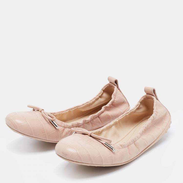 Pre Owned Tod's Pink Croc Embossed Leather Bow Srunch Ballet Flats Size 37