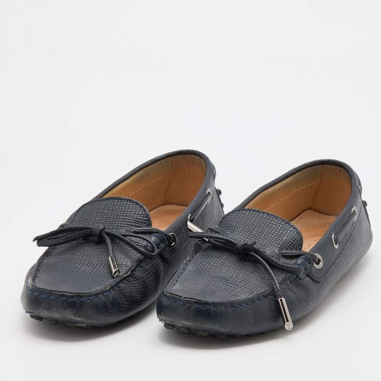 Pre Owned Tod's Navy Blue Lizard Embossed Leather Bow Slip On Loafers Size 36