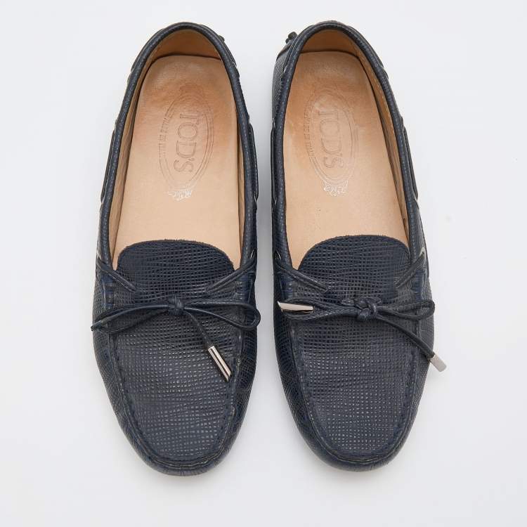 Pre Owned Tod's Navy Blue Lizard Embossed Leather Bow Slip On Loafers Size 36