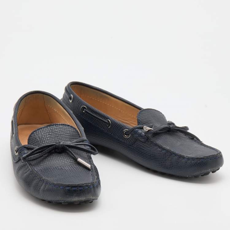 Pre Owned Tod's Navy Blue Lizard Embossed Leather Bow Slip On Loafers Size 36