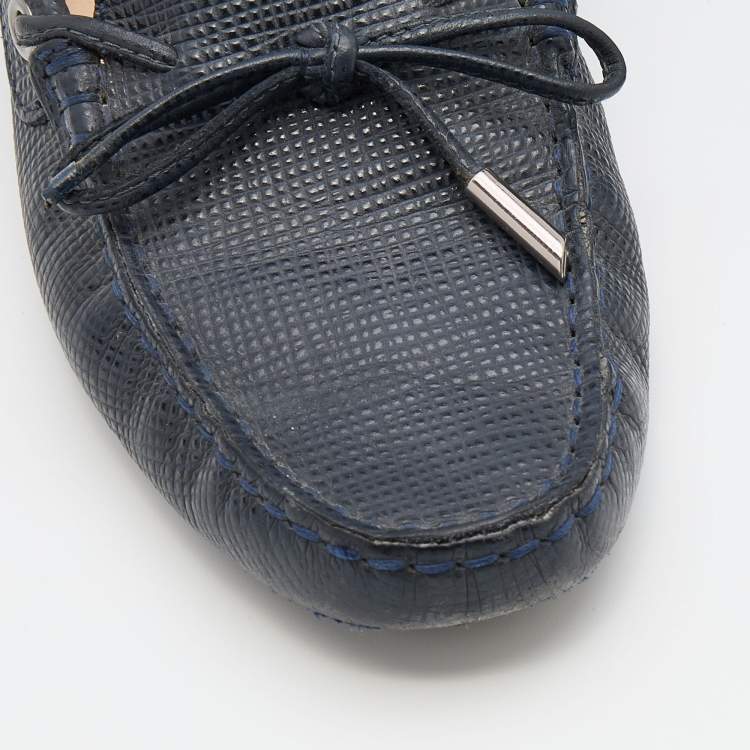 Pre Owned Tod's Navy Blue Lizard Embossed Leather Bow Slip On Loafers Size 36