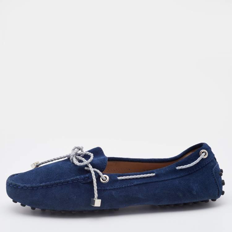 مملوكة مسبقًا Tod's Navy Blue Suede Bow Slip On Loafers Size 37.5