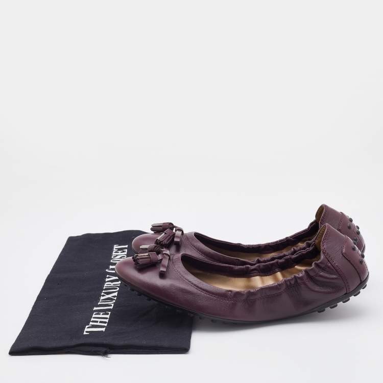 Pre Owned Tod's Plum Leather Bow Scrunch Ballet Flats Size 36