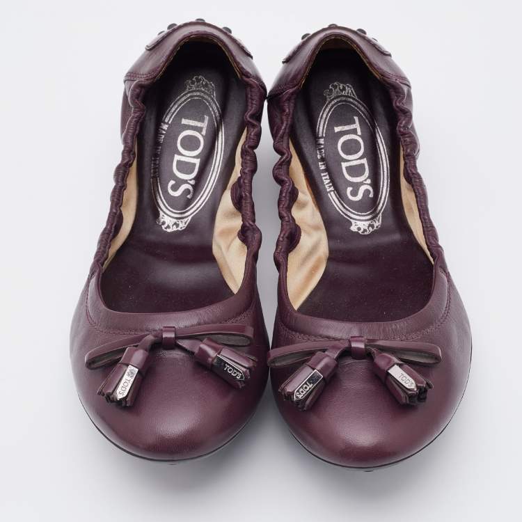 Pre Owned Tod's Plum Leather Bow Scrunch Ballet Flats Size 36