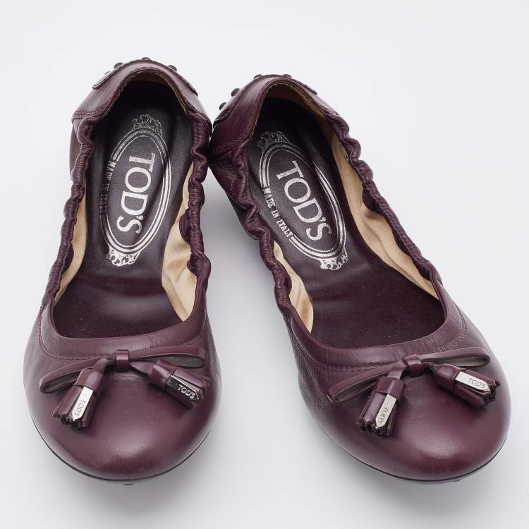 Pre Owned Tod's Plum Leather Bow Scrunch Ballet Flats Size 36