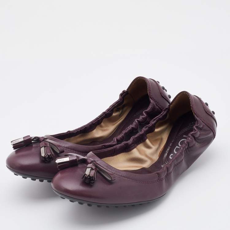Pre Owned Tod's Plum Leather Bow Scrunch Ballet Flats Size 36