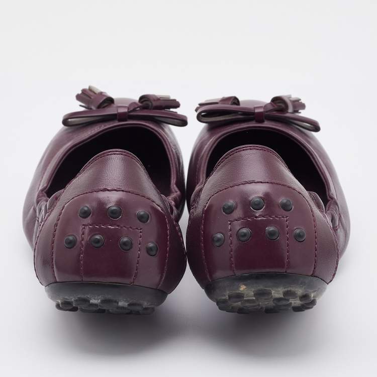 Pre Owned Tod's Plum Leather Bow Scrunch Ballet Flats Size 36