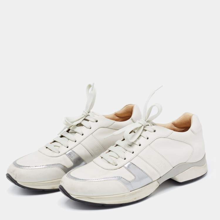 Pre Owned Tod's Cream/Silver Leather Low Top Sneakers Size 38.5