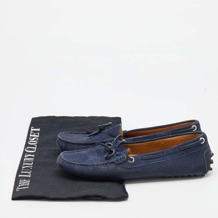 Pre Owned Tod's Navy Blue Nubuck Leather Bow Slip On Loafers Size 36