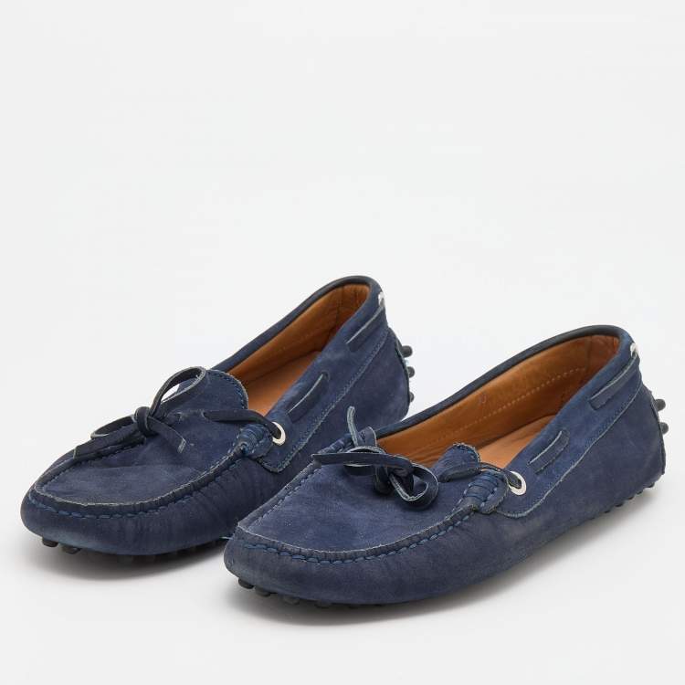 Pre Owned Tod's Navy Blue Nubuck Leather Bow Slip On Loafers Size 36