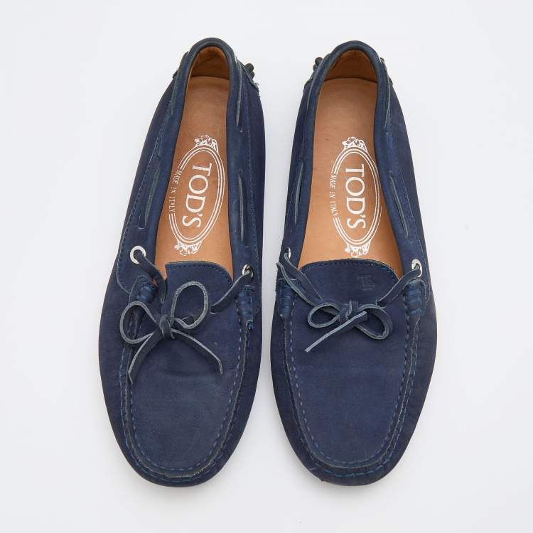 Pre Owned Tod's Navy Blue Nubuck Leather Bow Slip On Loafers Size 36