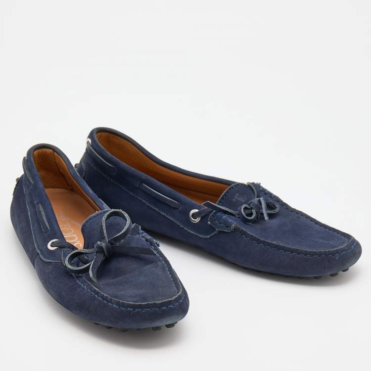 Pre Owned Tod's Navy Blue Nubuck Leather Bow Slip On Loafers Size 36