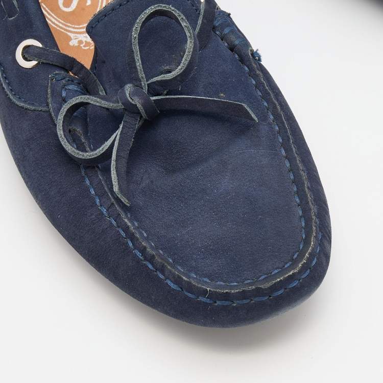 Pre Owned Tod's Navy Blue Nubuck Leather Bow Slip On Loafers Size 36