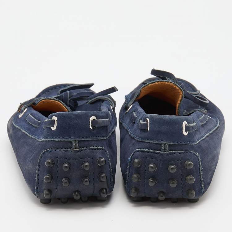 Pre Owned Tod's Navy Blue Nubuck Leather Bow Slip On Loafers Size 36
