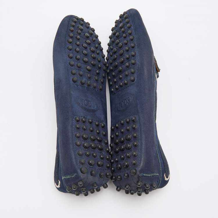 Pre Owned Tod's Navy Blue Nubuck Leather Bow Slip On Loafers Size 36