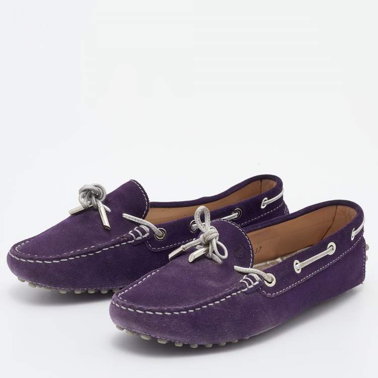 Pre Owned Tod's Purple/Silver Suede and Leather Bow Slip On Loafers Size 37
