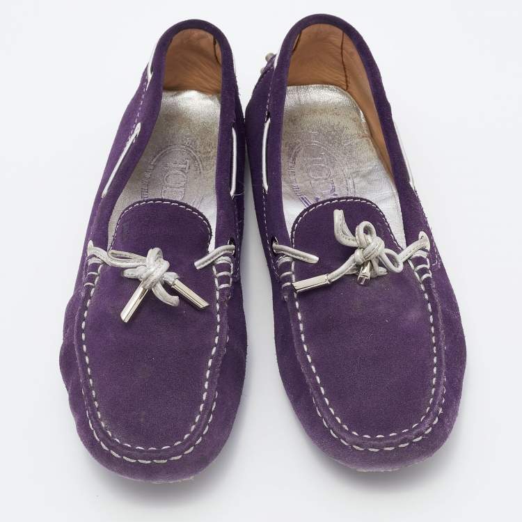 Pre Owned Tod's Purple/Silver Suede and Leather Bow Slip On Loafers Size 37