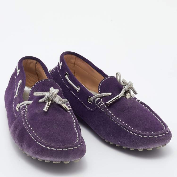 Pre Owned Tod's Purple/Silver Suede and Leather Bow Slip On Loafers Size 37