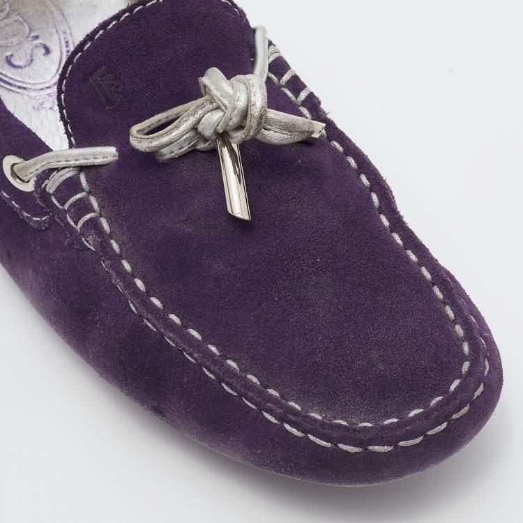 Pre Owned Tod's Purple/Silver Suede and Leather Bow Slip On Loafers Size 37
