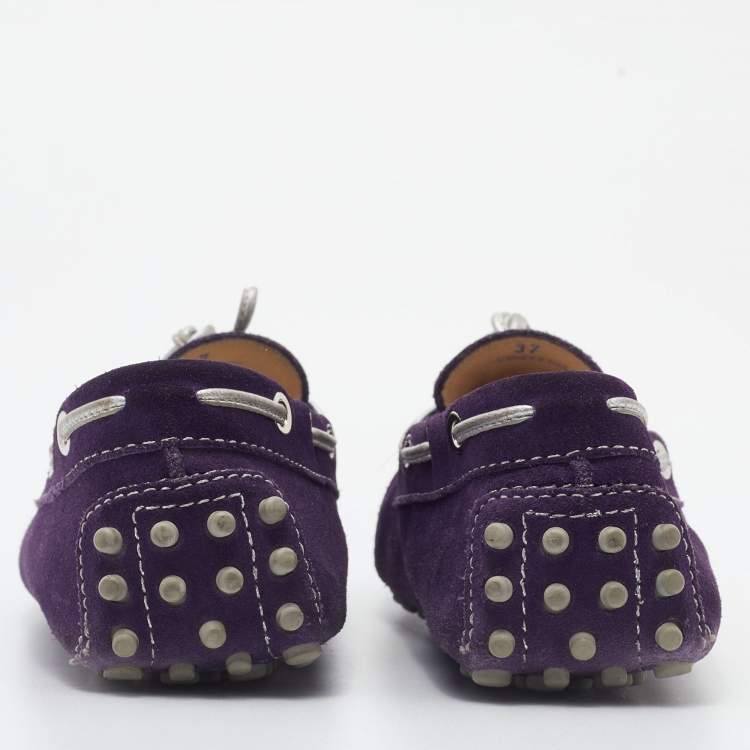 Pre Owned Tod's Purple/Silver Suede and Leather Bow Slip On Loafers Size 37
