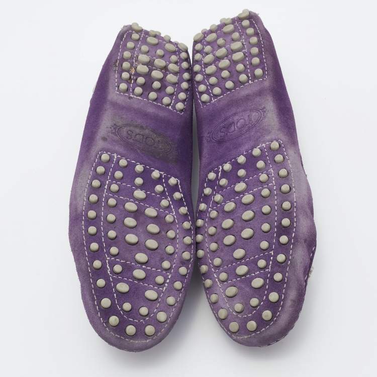 Pre Owned Tod's Purple/Silver Suede and Leather Bow Slip On Loafers Size 37