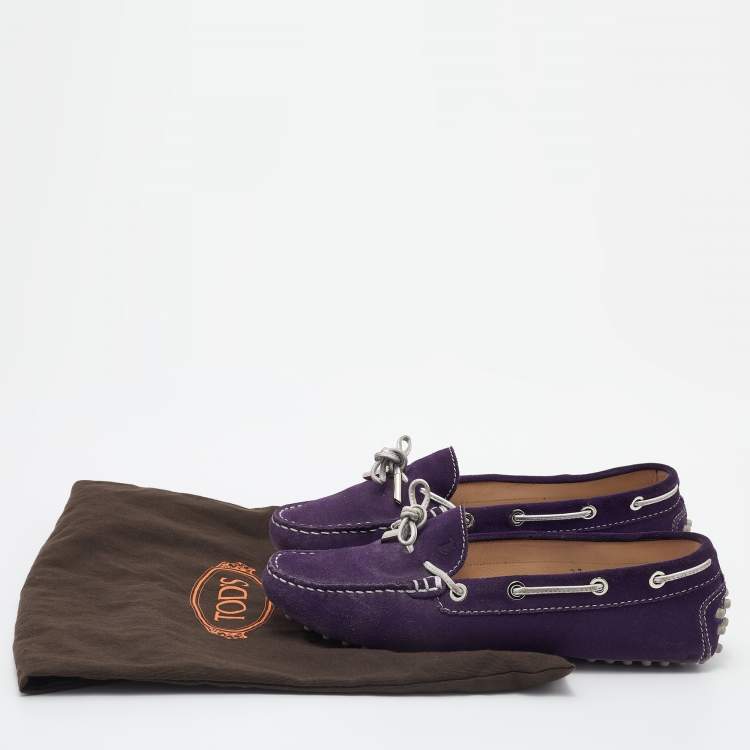 Pre Owned Tod's Purple/Silver Suede and Leather Bow Slip On Loafers Size 37