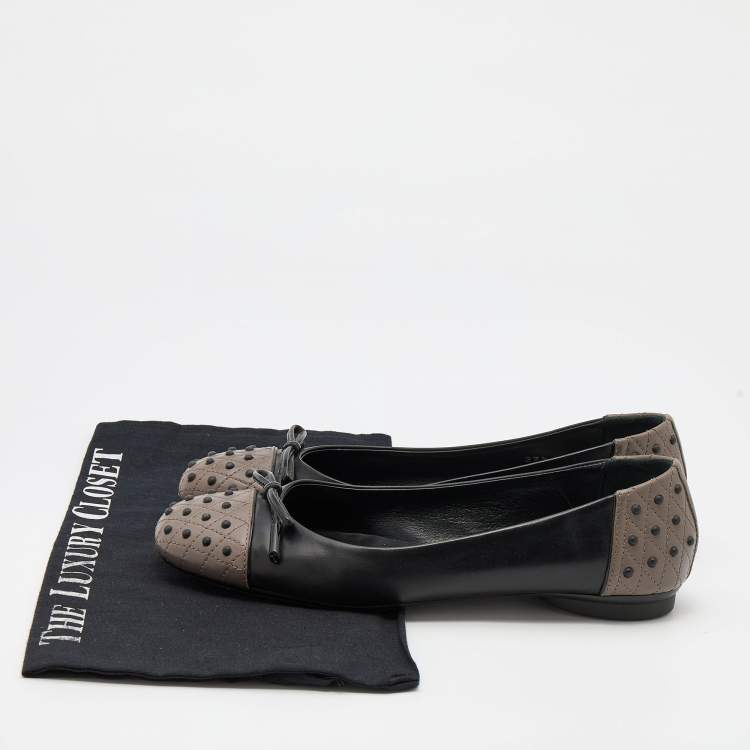 Pre Owned Tod's Black/Grey Leather Bow Ballet Flats Size 37.5