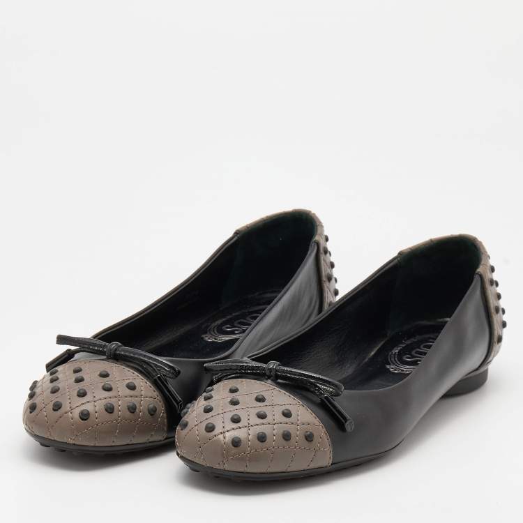 Pre Owned Tod's Black/Grey Leather Bow Ballet Flats Size 37.5