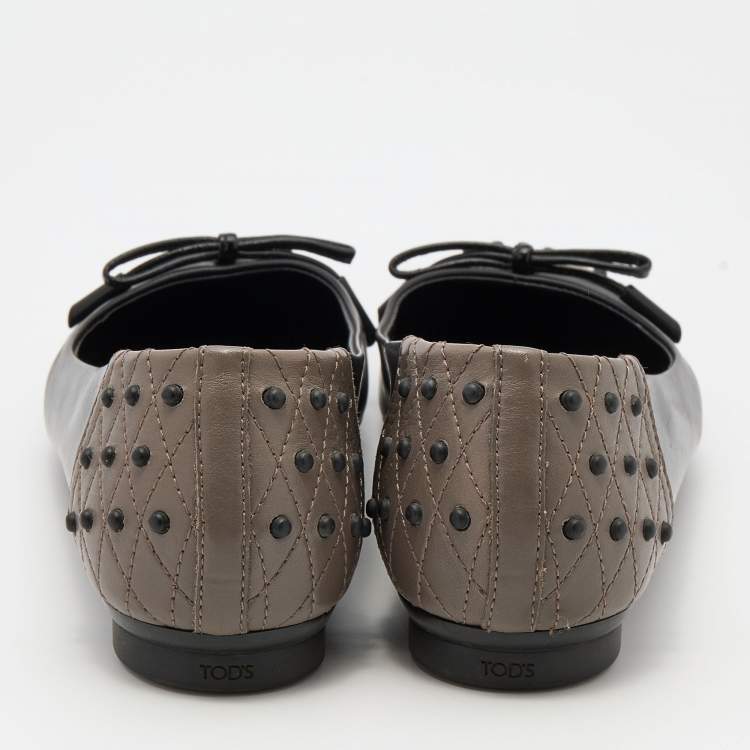 Pre Owned Tod's Black/Grey Leather Bow Ballet Flats Size 37.5