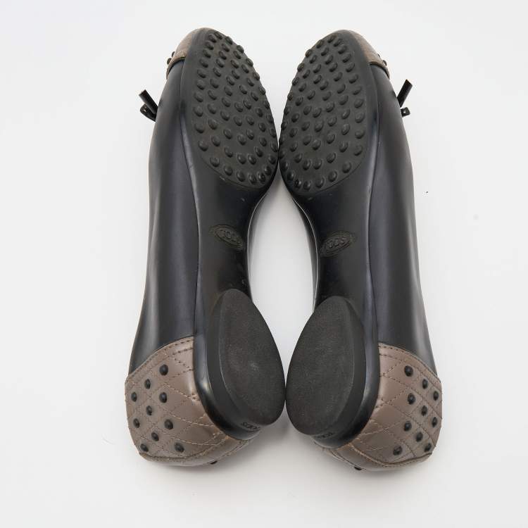 Pre Owned Tod's Black/Grey Leather Bow Ballet Flats Size 37.5