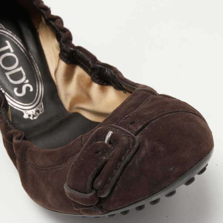 Pre Owned Tod's Dark Brown Suede Scrunch Ballet Flats Size 38.5