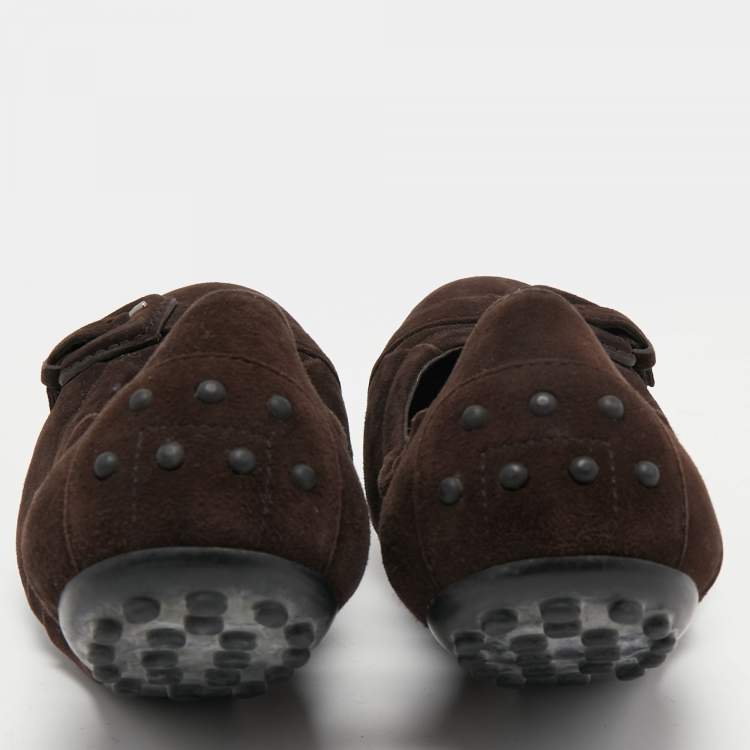 Pre Owned Tod's Dark Brown Suede Scrunch Ballet Flats Size 38.5