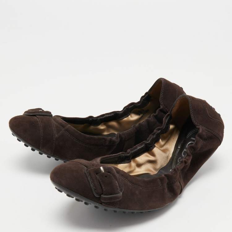 Pre Owned Tod's Dark Brown Suede Scrunch Ballet Flats Size 38.5
