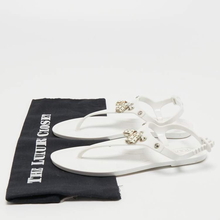 Pre Owned Tod's White Rubber Fringe Bow Thong Flat Sandals Size 36