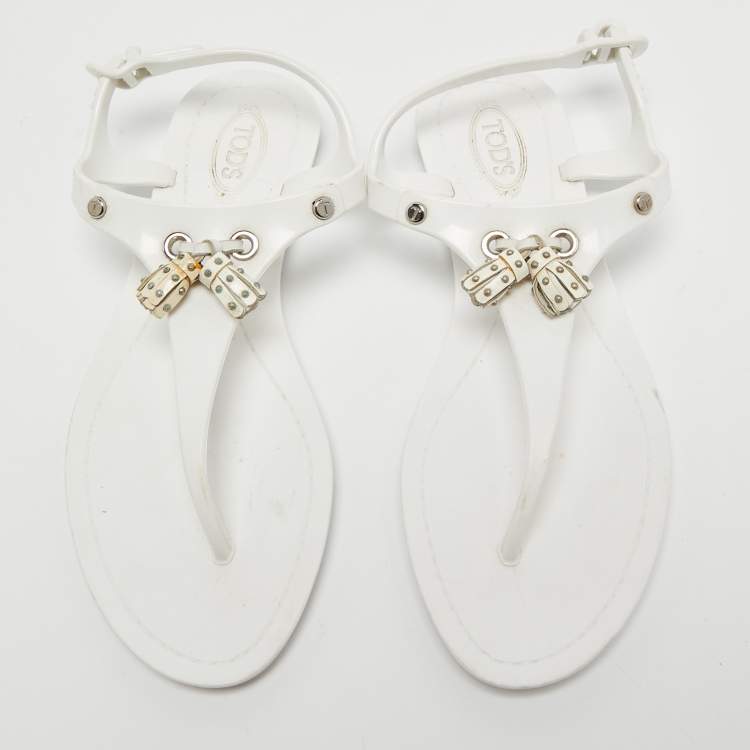 Pre Owned Tod's White Rubber Fringe Bow Thong Flat Sandals Size 36