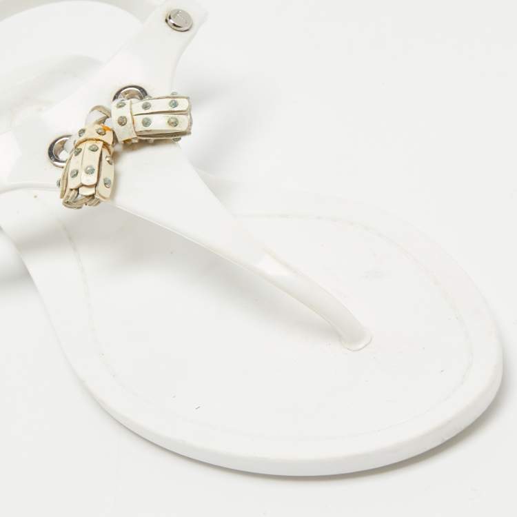 Pre Owned Tod's White Rubber Fringe Bow Thong Flat Sandals Size 36