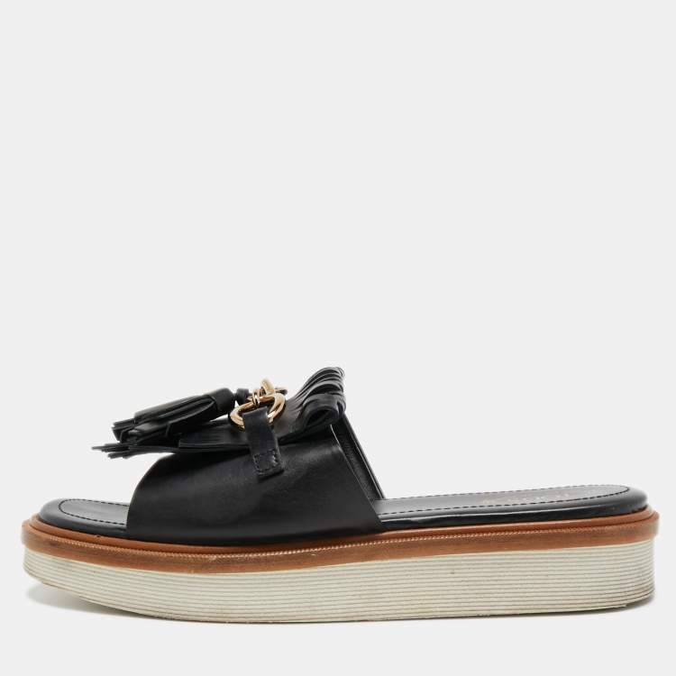 Pre Owned Tod's Black Leather Tassel Fringe Detail Platform Slide Sandals Size 38
